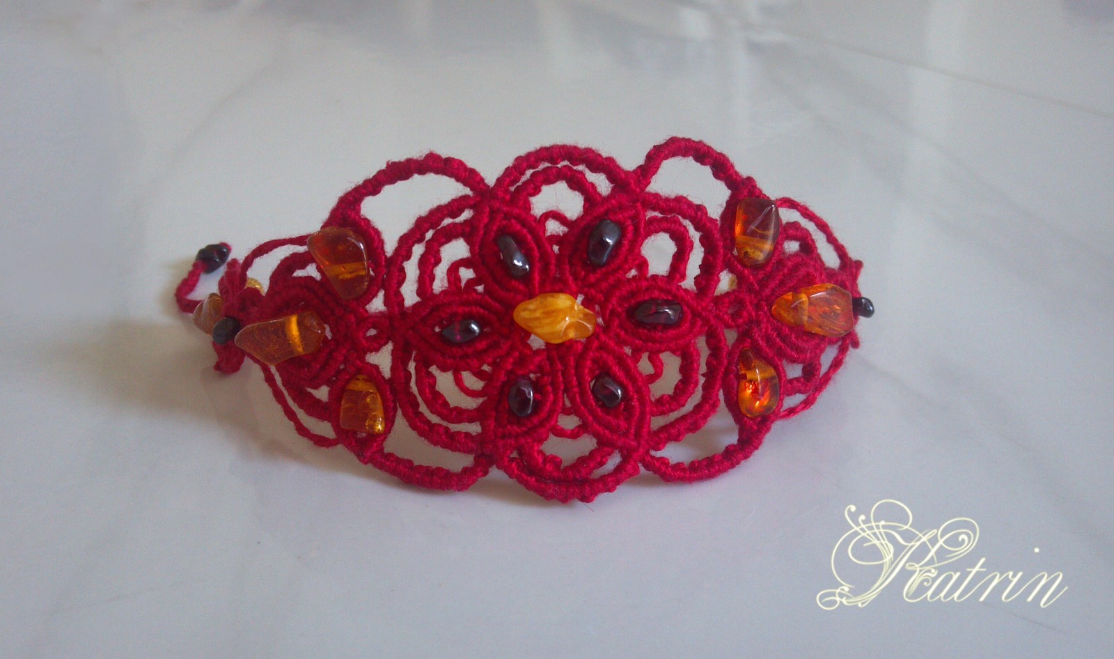 Set. Earrings and bracelet Red flower macrame - My, Macrame, Earrings, A bracelet, Flowers, , Presents, A rock, Needlework without process, Longpost