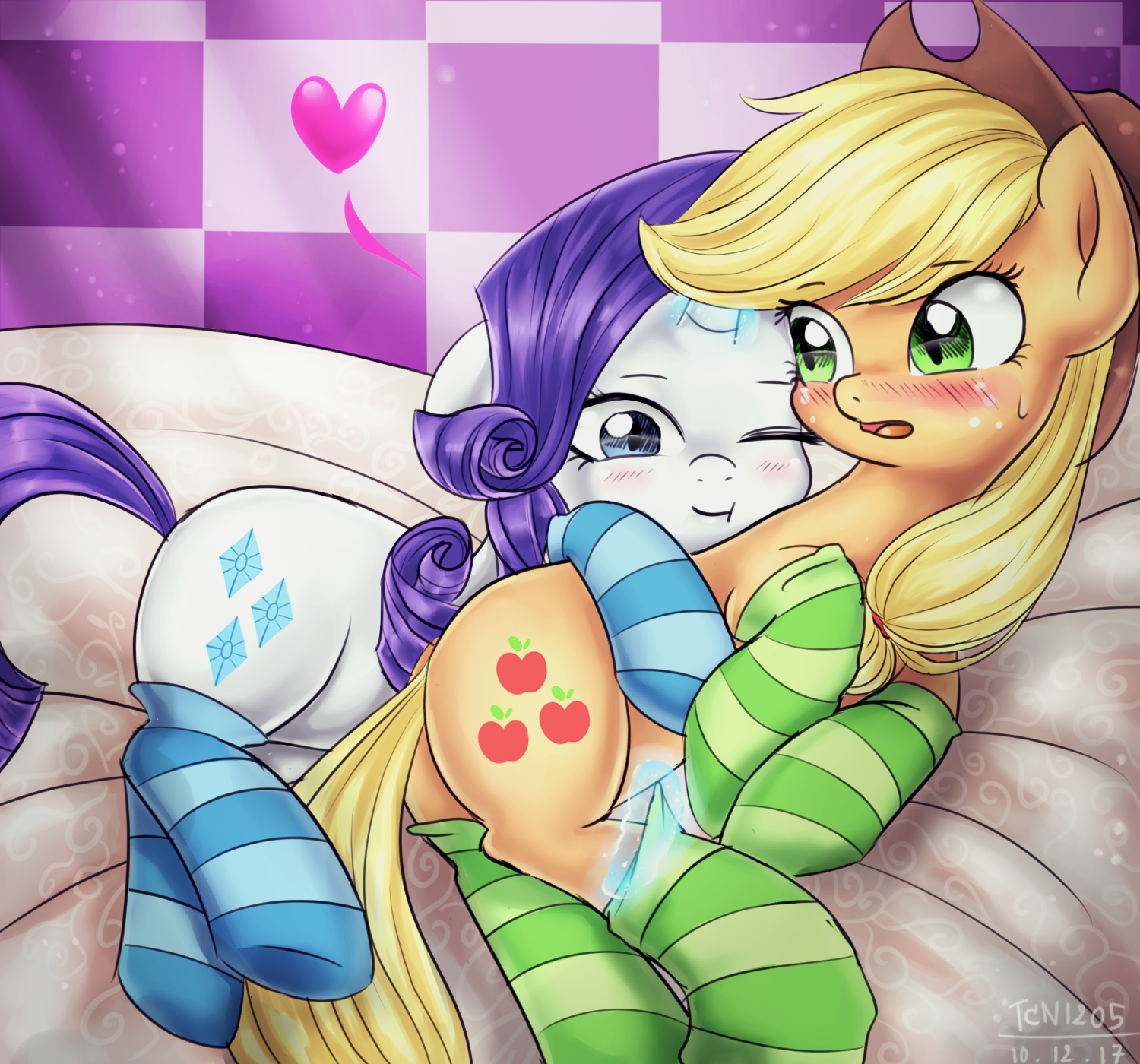 Cuddling on bed - My little pony, PonyArt, Applejack, Rarity, Shipping, MLP Lesbian, MLP Socks, Looknamtcn