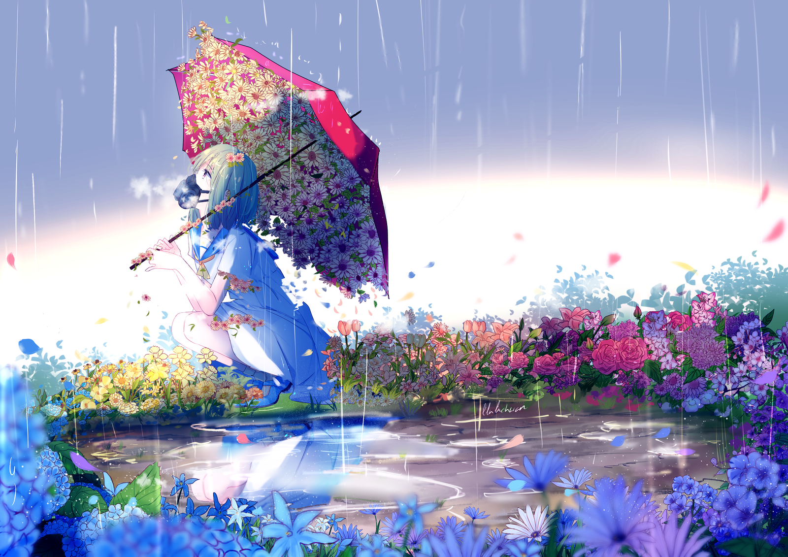 Rain - Anime Art, Anime Original, Девушки, Дождь, Зонт, Lluluchwan