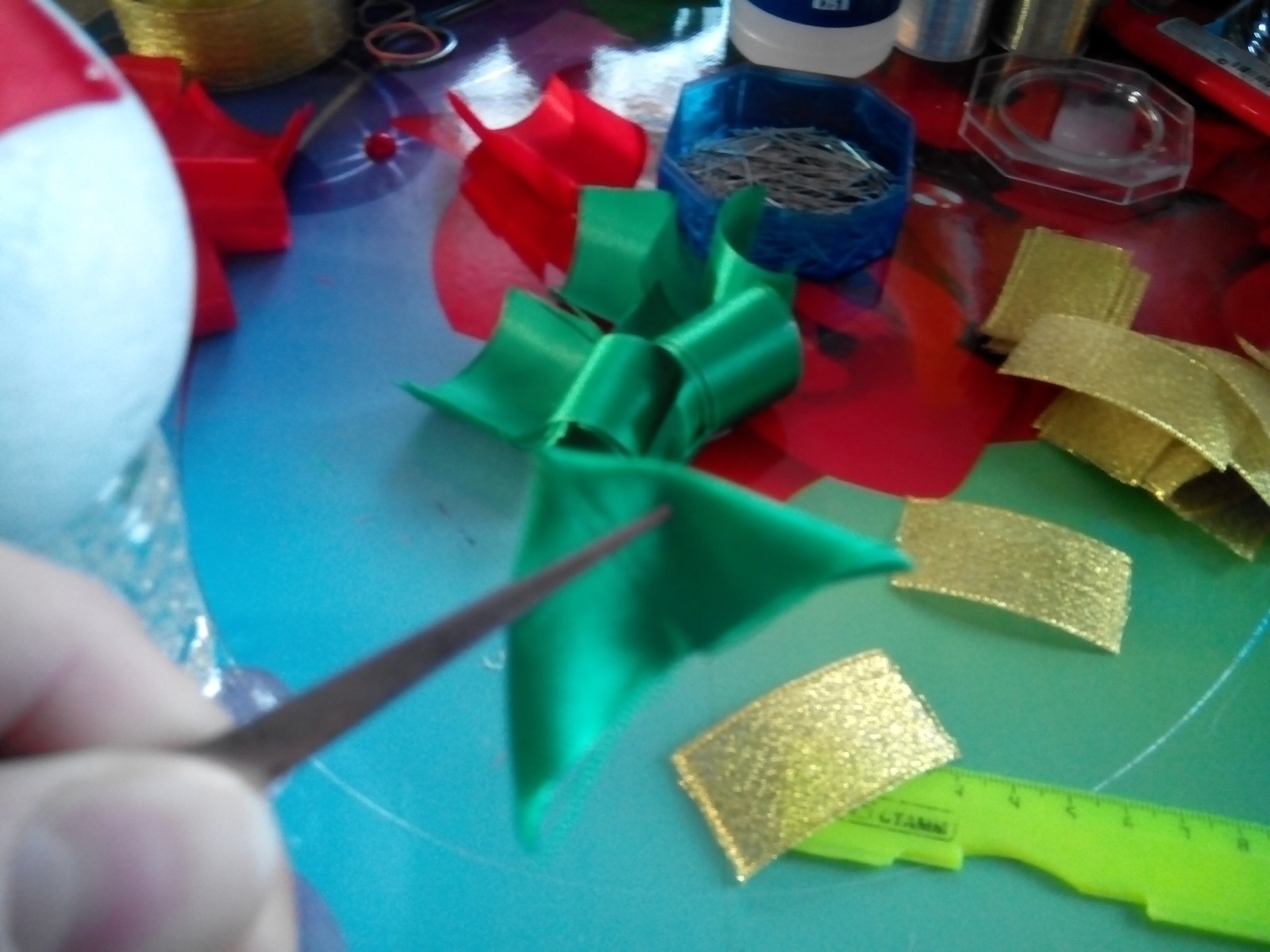 The process of assembling a Christmas ball - My, Needlework with process, Kanzashi, Christmas decorations, Longpost