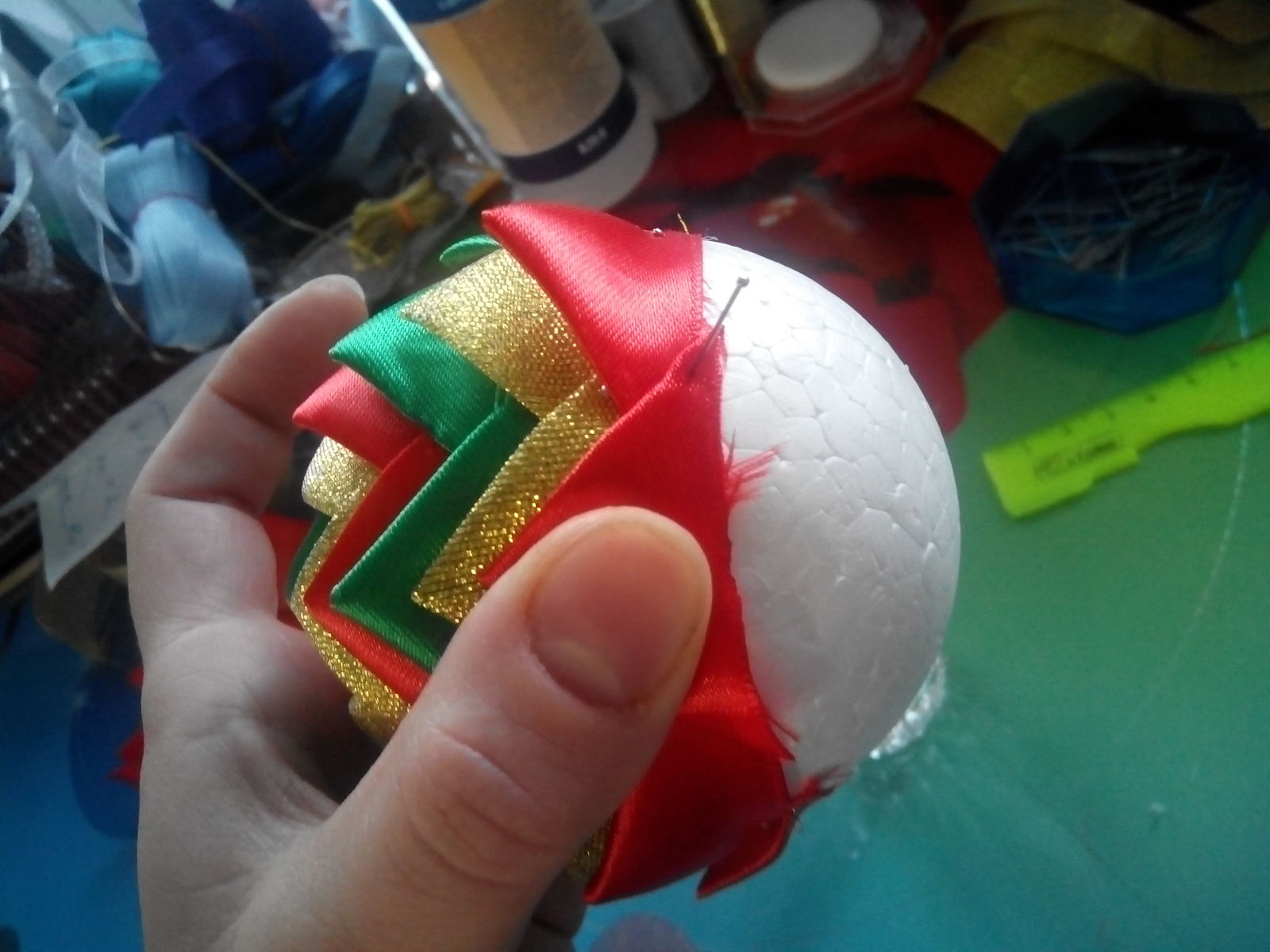 The process of assembling a Christmas ball - My, Needlework with process, Kanzashi, Christmas decorations, Longpost