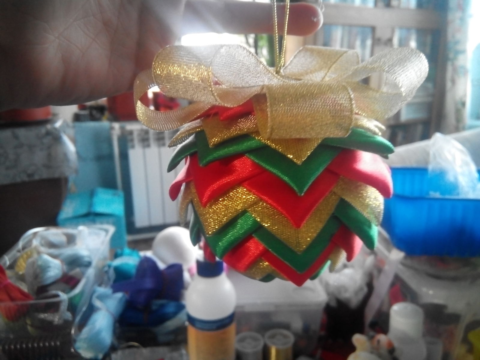 The process of assembling a Christmas ball - My, Needlework with process, Kanzashi, Christmas decorations, Longpost