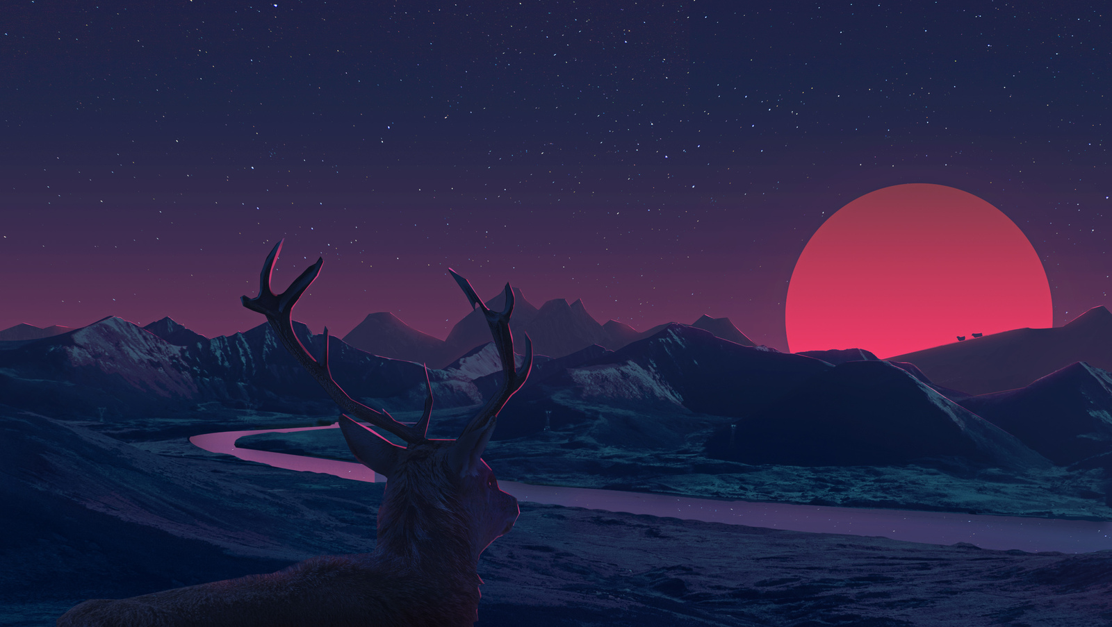 Towards the sun - Art, Drawing, Deer, Sunset, , Deer