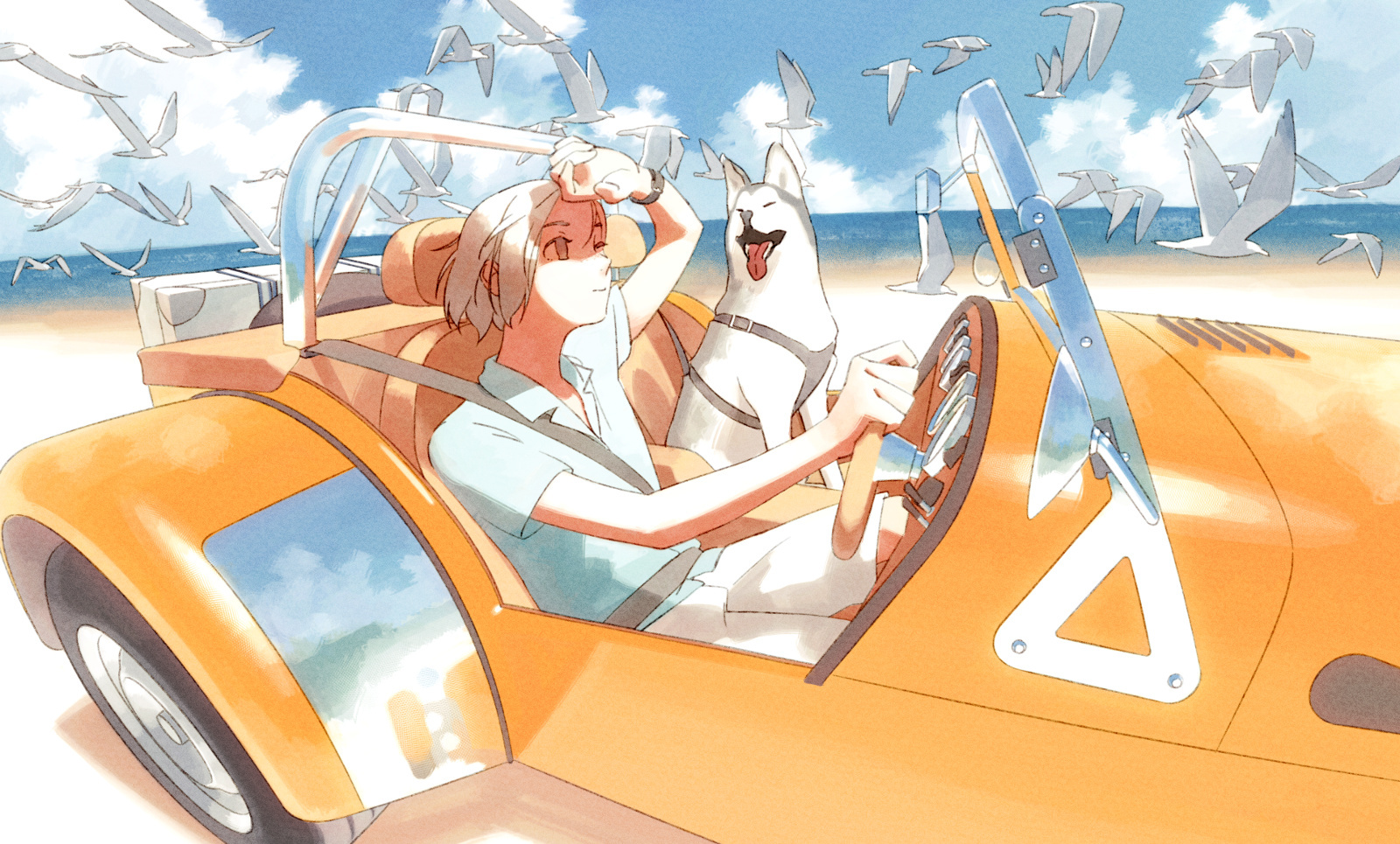 Sunny day - Art, Beach, Car, Dog, Seagulls