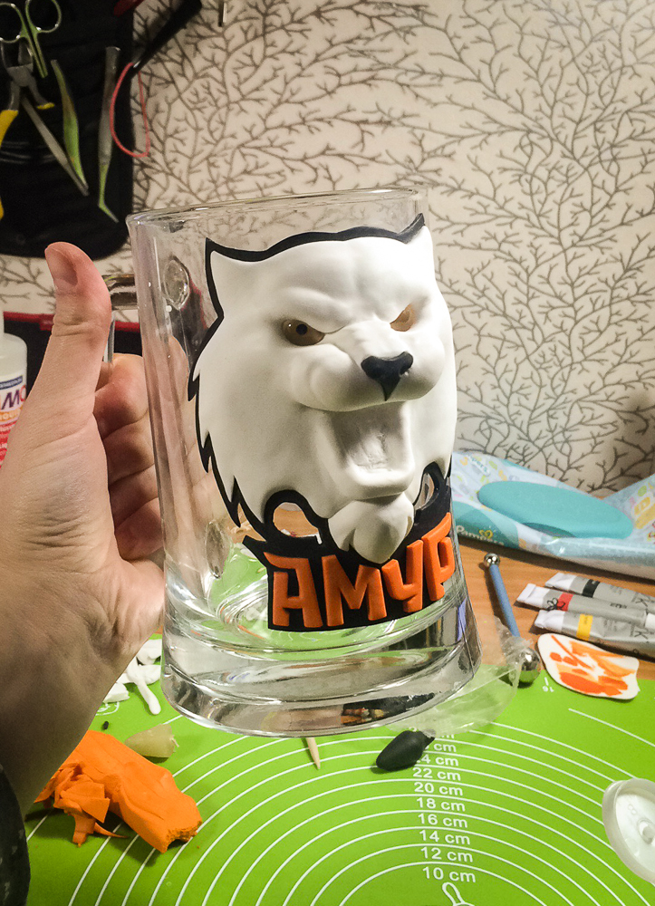 Beer mug for a fan of HC Amur - My, Beer, Amur, Hockey, Handmade, Polymer clay, Presents, Mug with decor, Кружки, Longpost