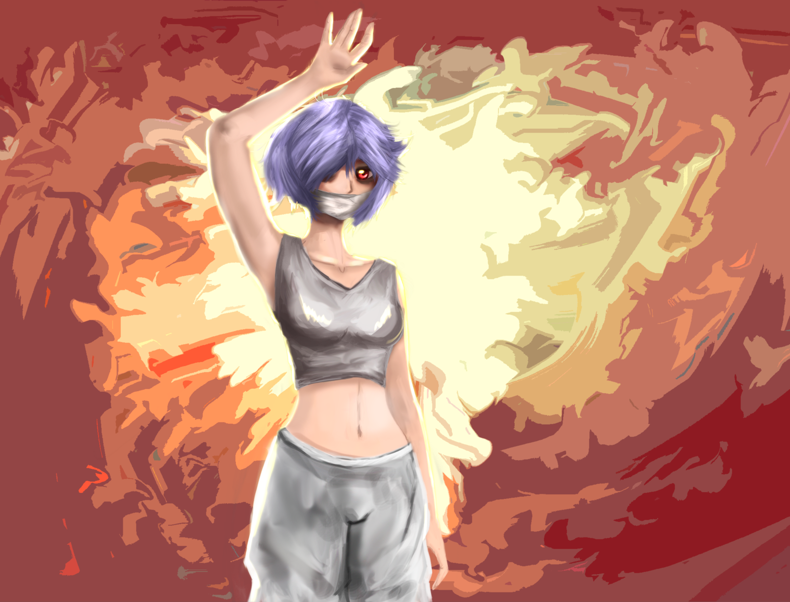 Young woman - Anime, Art, Red eyes, Fire, Drawing, Photoshop, Graphics, Longpost