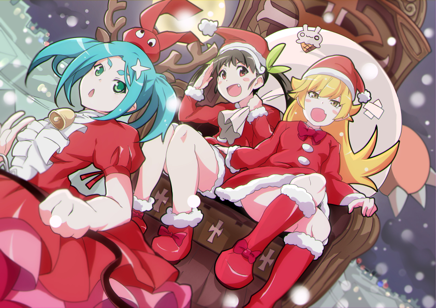 The holiday comes to us) - Anime, Anime art, Monogatari series, Shinobu oshino, Hachikuji Mayoi, Yotsugi ononoki