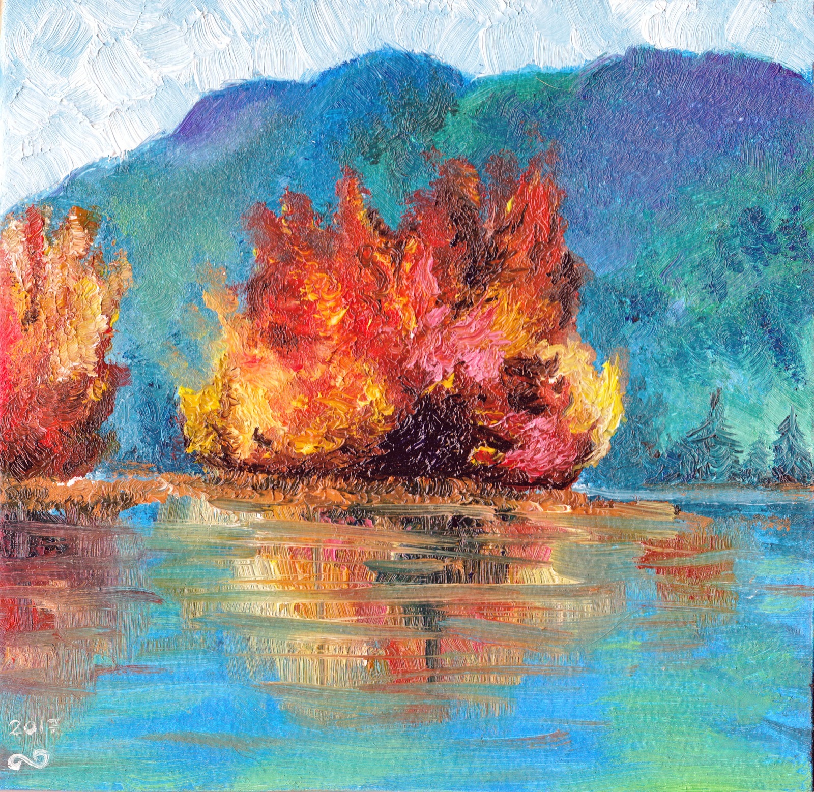 autumn reflections - My, Art, Painting, Oil painting, Autumn, Landscape