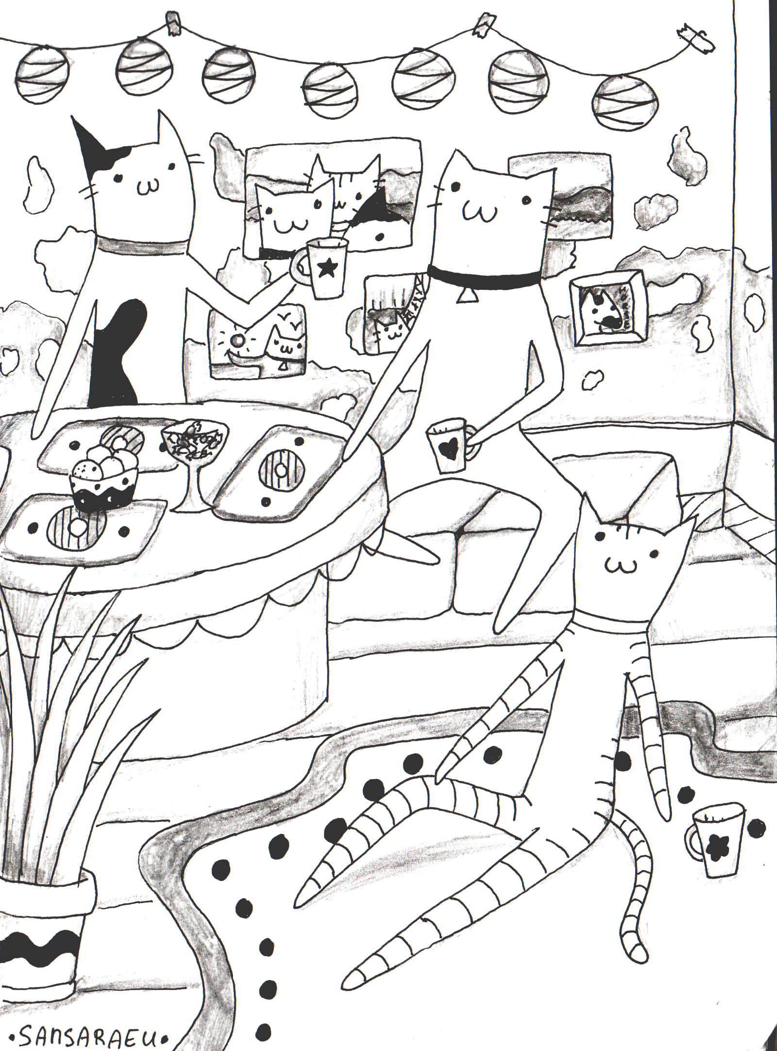 Cats - My, cat, Drawing, , Painting, Black and white, Longpost