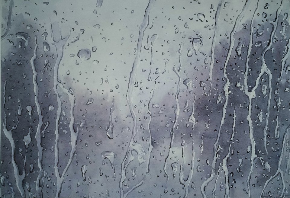 Outside the window. Watercolor on paper 2017 42x60 - My, Watercolor, Painting, Rain, Painting, Art, Drawing, Realism, Photorealism