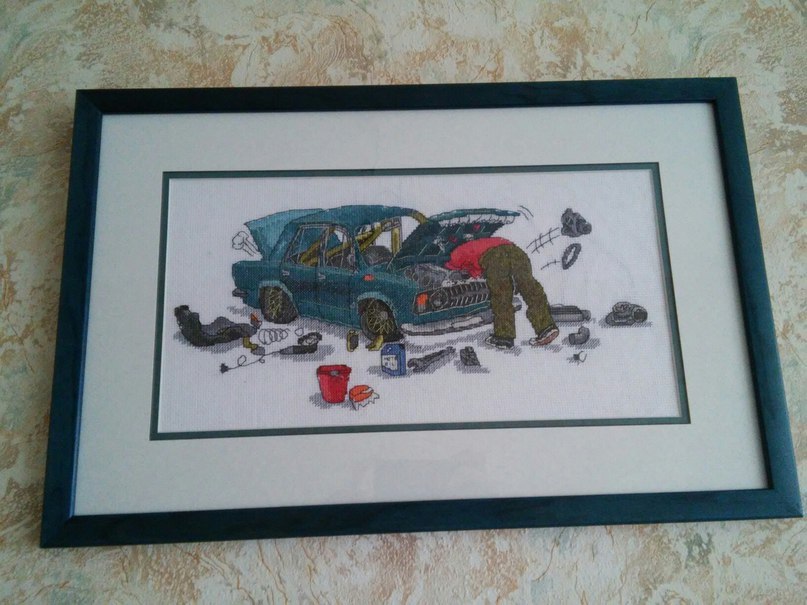 Repair - My, Needlework without process, My, Cross-stitch, Copyright, Troika, Car, Auto repair, Longpost