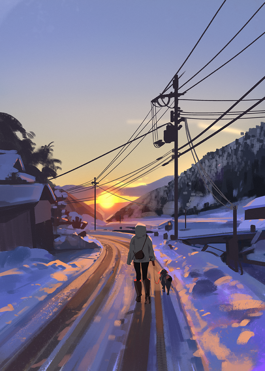 Miss home - Art, Drawing, Snow, Winter, Sunset, Snatti