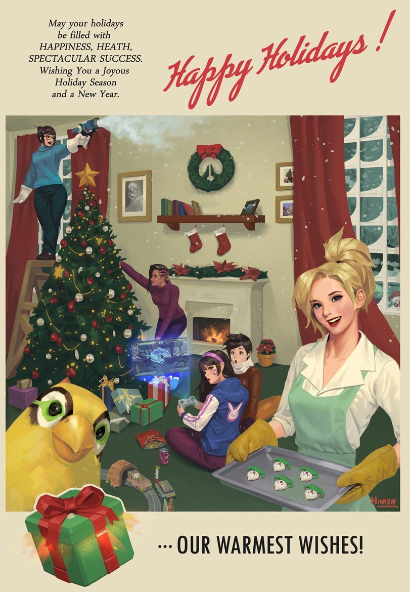 New Year card in retro style - Overwatch, Haren, Mercy, Retro