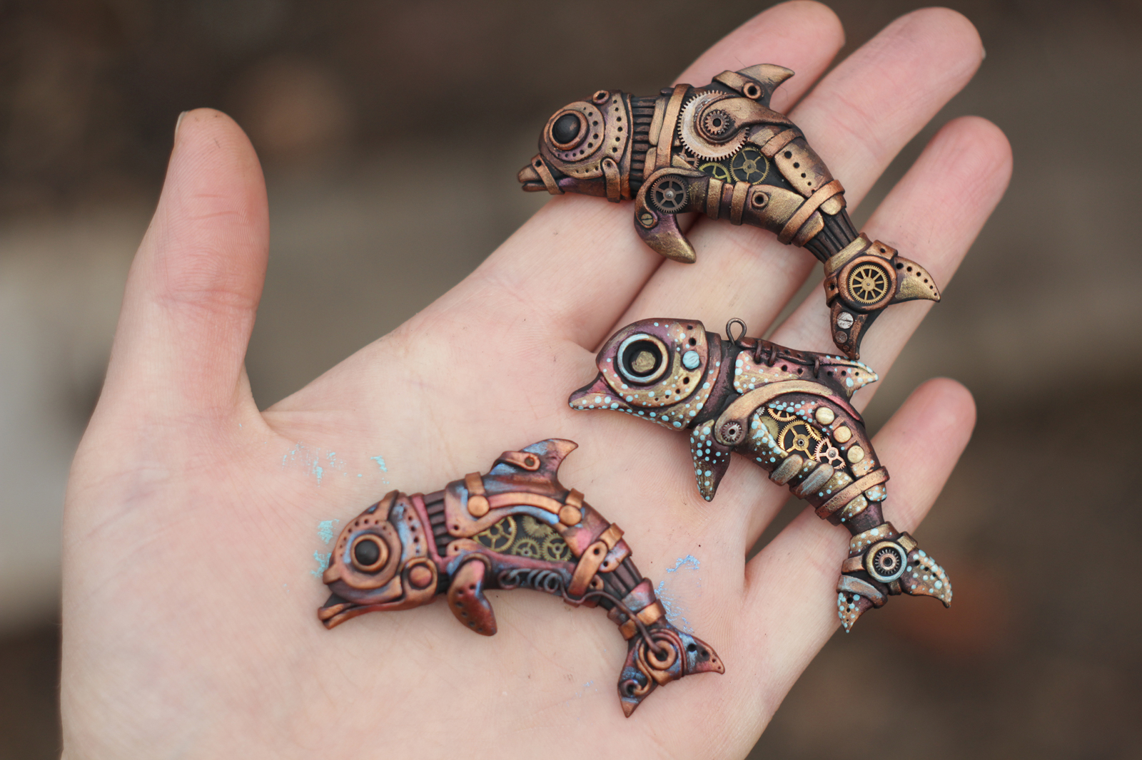 Mechanoid dolphins made of polymer clay. - My, Dolphin, Biomechanics, Steampunk, Polymer clay, Handmade