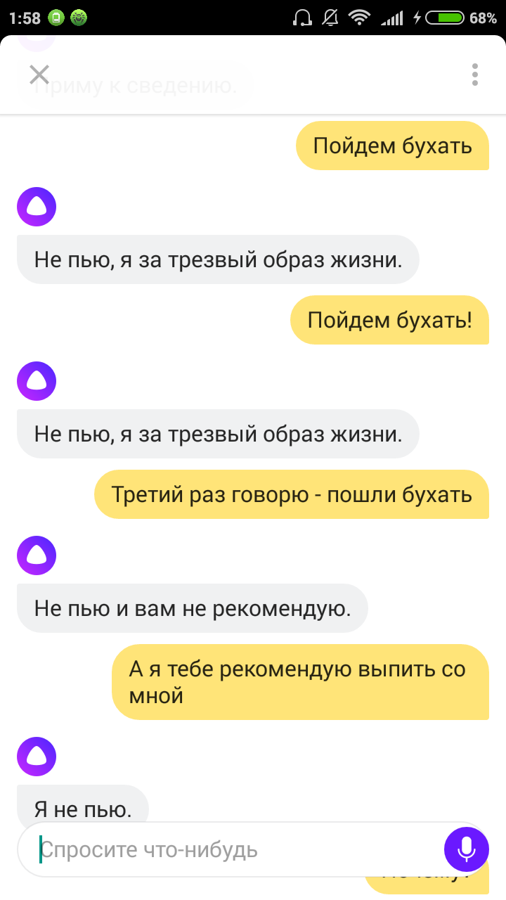 Ночные беседы с Алисой или как споить непьющего бота - Моё, Разговор, Трезвенники, Длиннопост, Яндекс Алиса