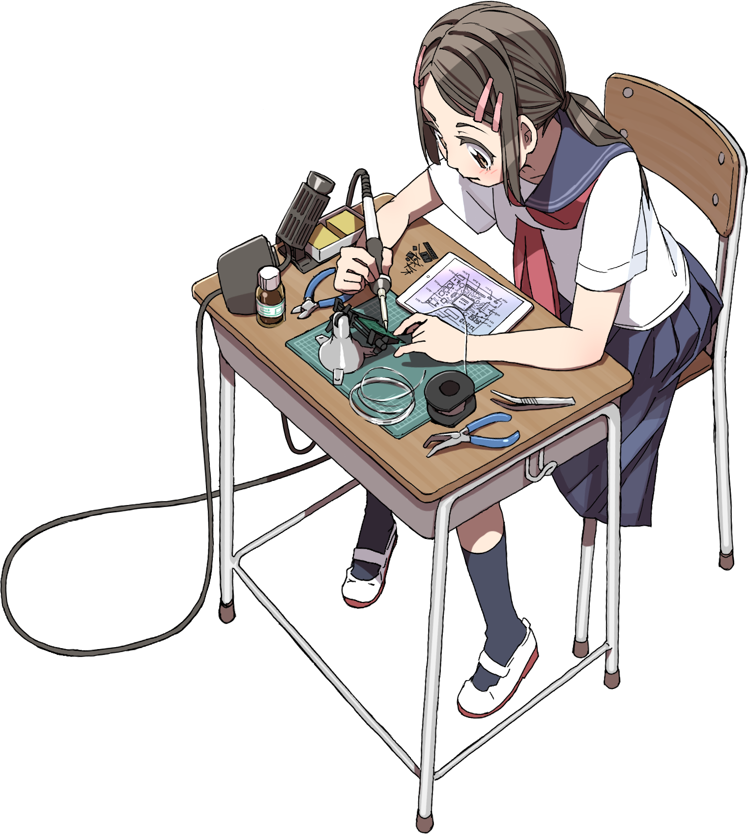 Girl with a soldering iron: expectation and reality - Anime, Art, Soldering iron, Radio parts, Electronic components, Anime art, Longpost, Electronics