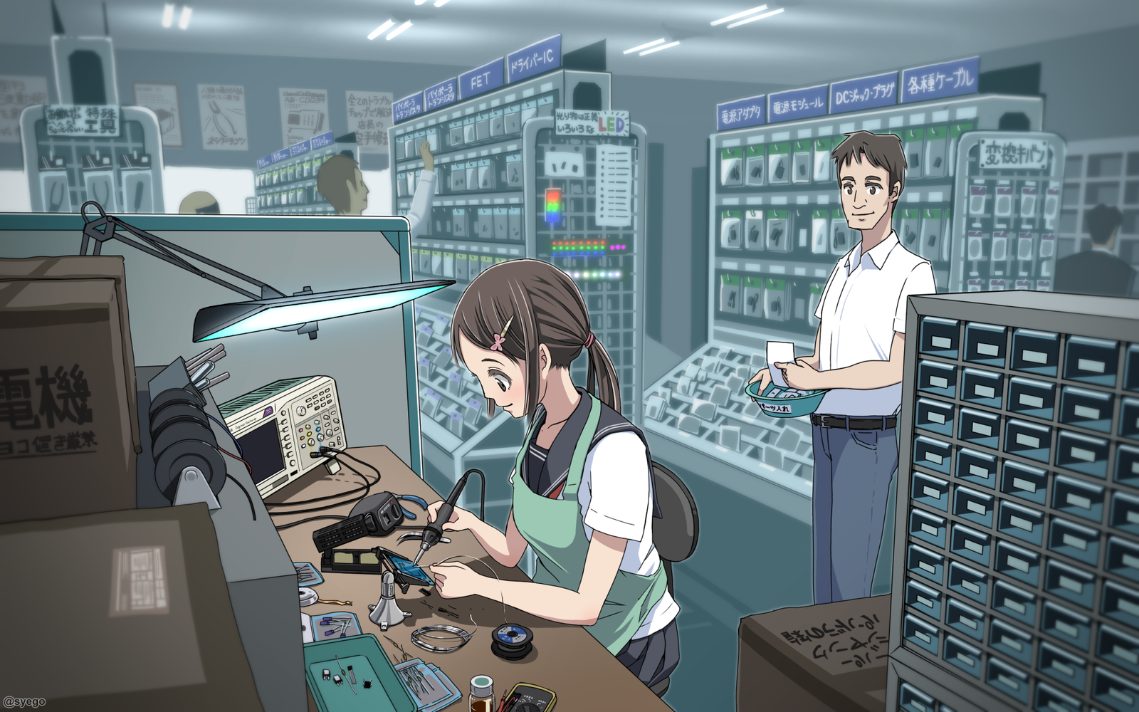 Girl with a soldering iron: expectation and reality - Anime, Art, Soldering iron, Radio parts, Electronic components, Anime art, Longpost, Electronics