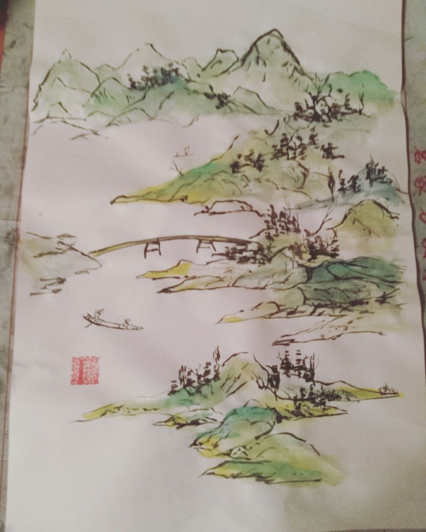 The white crane spreads its wings - My, Painting, Chinese art, The mountains, Flowers, Birds, Longpost