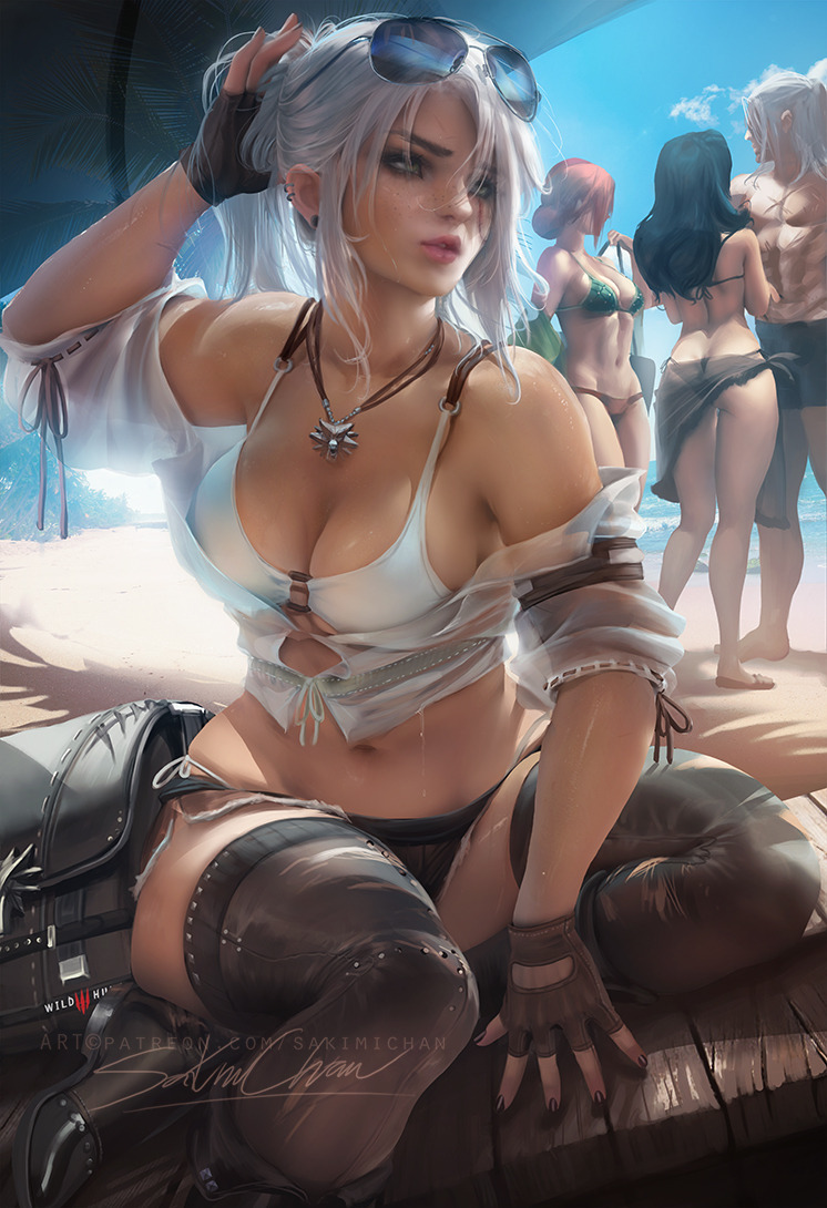 Ciri on the beach - Ciri, Witcher, Art, Sakimichan