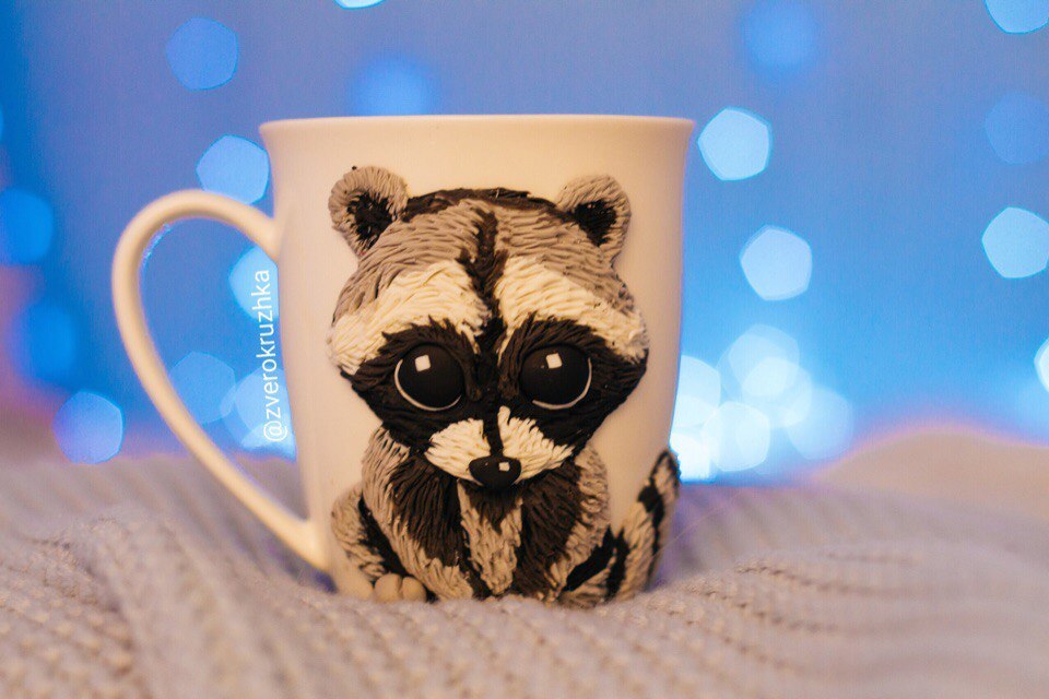 Cozy mugs with voluminous animals - My, Needlework without process, House, Pets, Raccoon, Owl, Handmade, Polymer clay