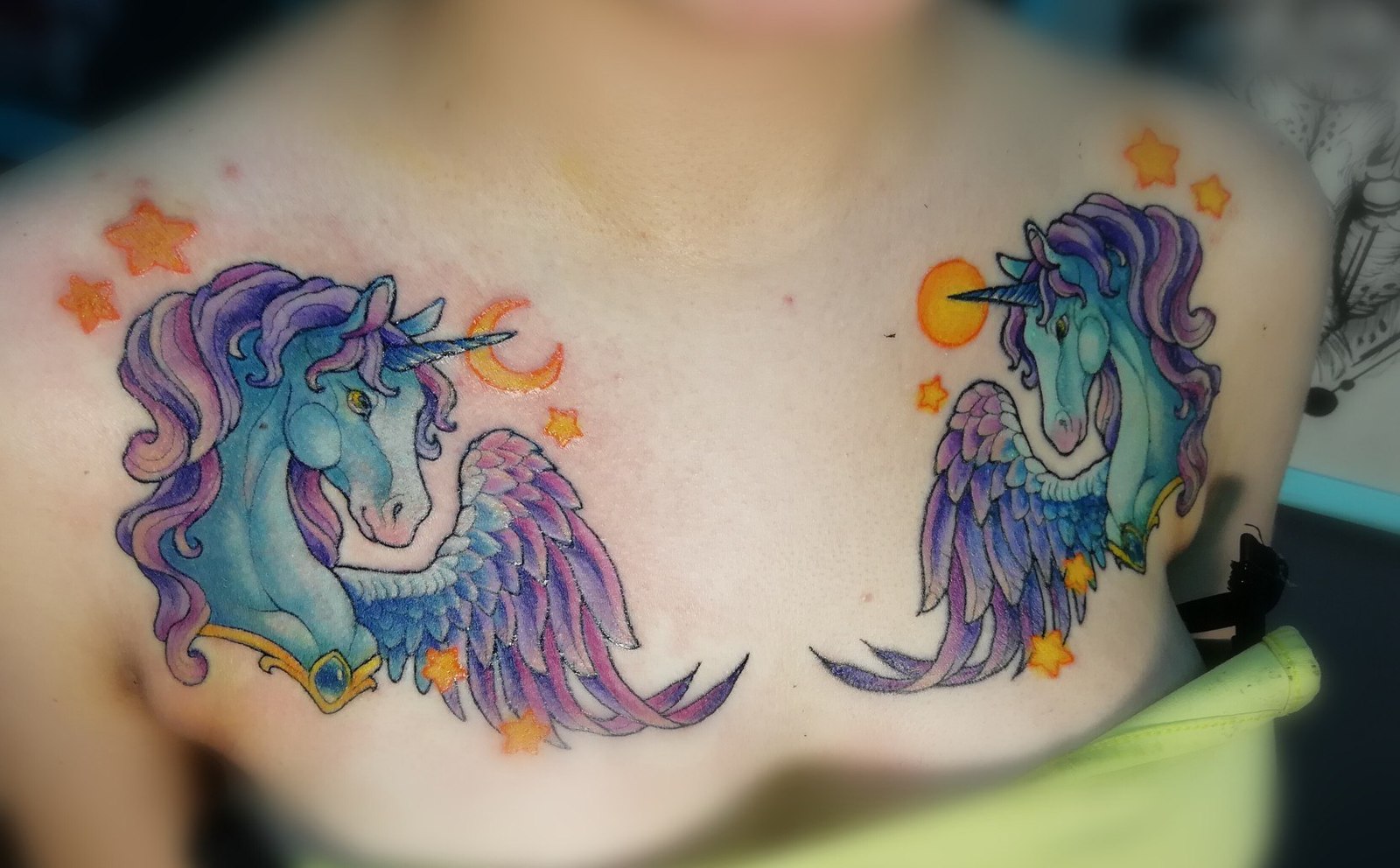 Tattoo sketch and finished work - My, Tattoo, Sketch, Unicorn, Color tattoo, Girl with tattoo