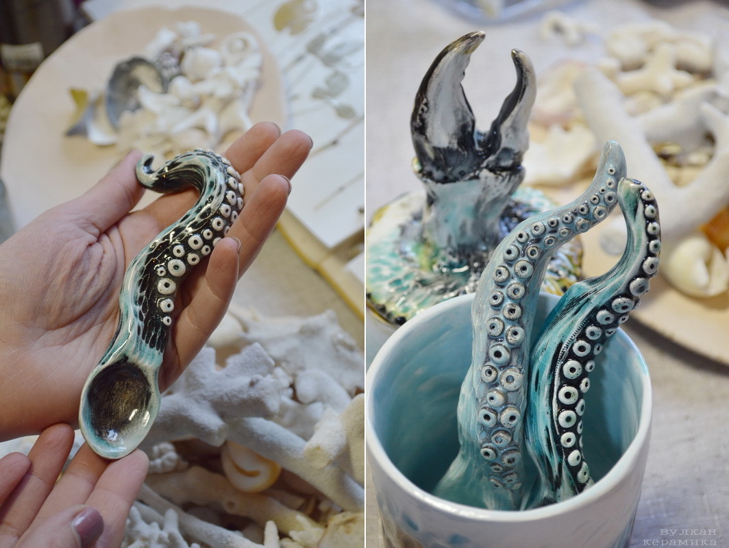 Caution, tentacles-2 - My, Ceramics, , Лепка, Tentacles, Octopus, A spoon, With your own hands, Handmade, Longpost