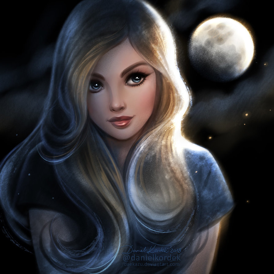 Portrait with the Moon - DeviantArt, Арт, Рисунок, Девушки, Daekazu