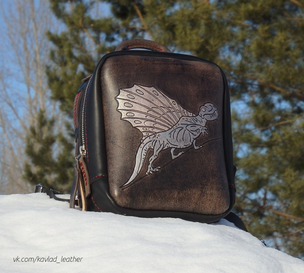 Backpack Aris - My, Needlework without process, Backpack, Handmade, Embossing on leather, , Beast Lizard, Dinosaurs, , Longpost