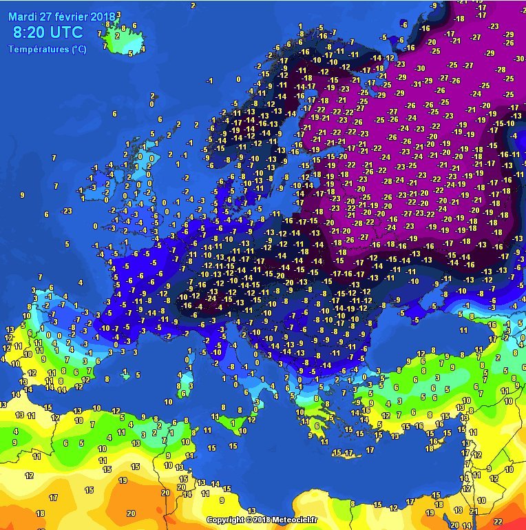 Температура в Европе 27 февраля 2018 года. Послезавтра весна.