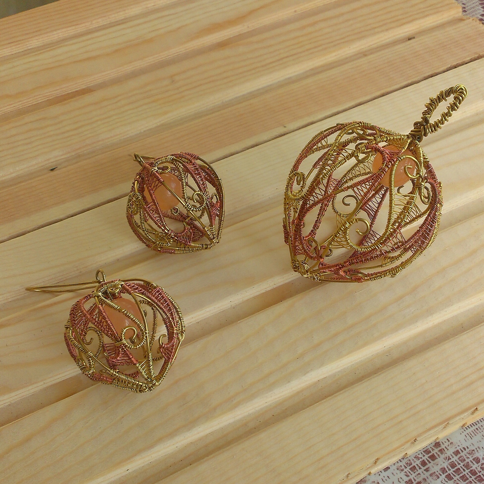 Jewelry set Physalis - My, Physalis, Earrings, Pendant, Wire jewelry, Wire wrap, Needlework without process, Longpost