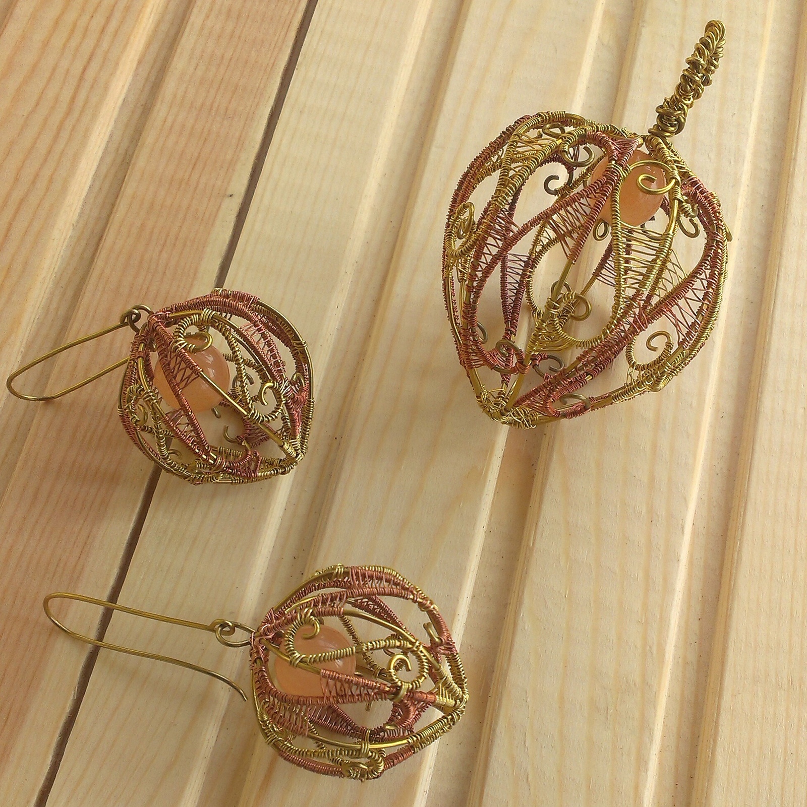 Jewelry set Physalis - My, Physalis, Earrings, Pendant, Wire jewelry, Wire wrap, Needlework without process, Longpost