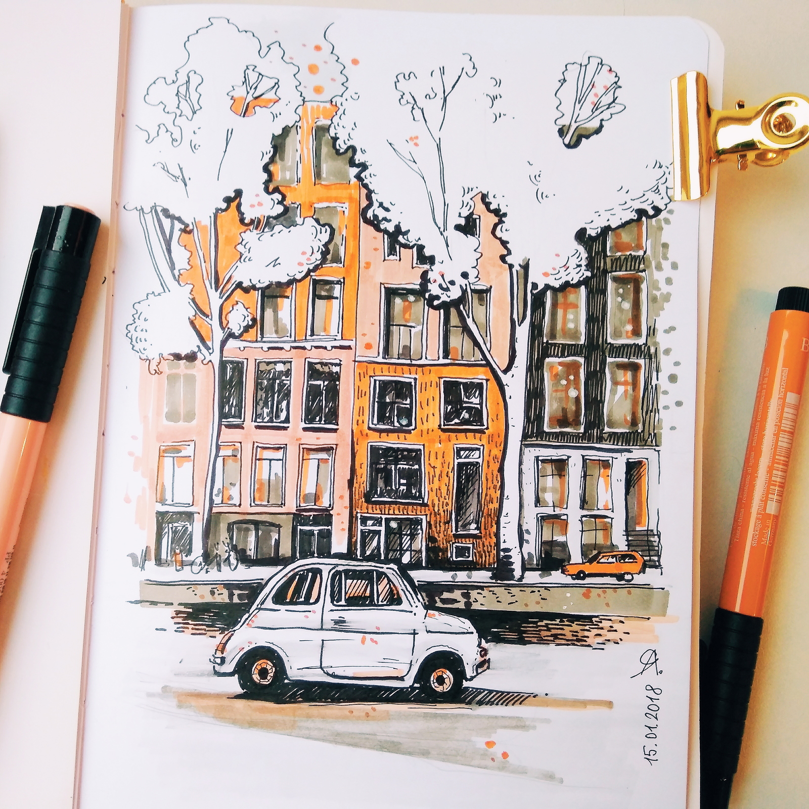 Urban sketching. Amsterdam. - My, Drawing, Sketch, Sketchbook, Amsterdam, Graphics, Felt-tip pen, Umbrella, A bike, Longpost