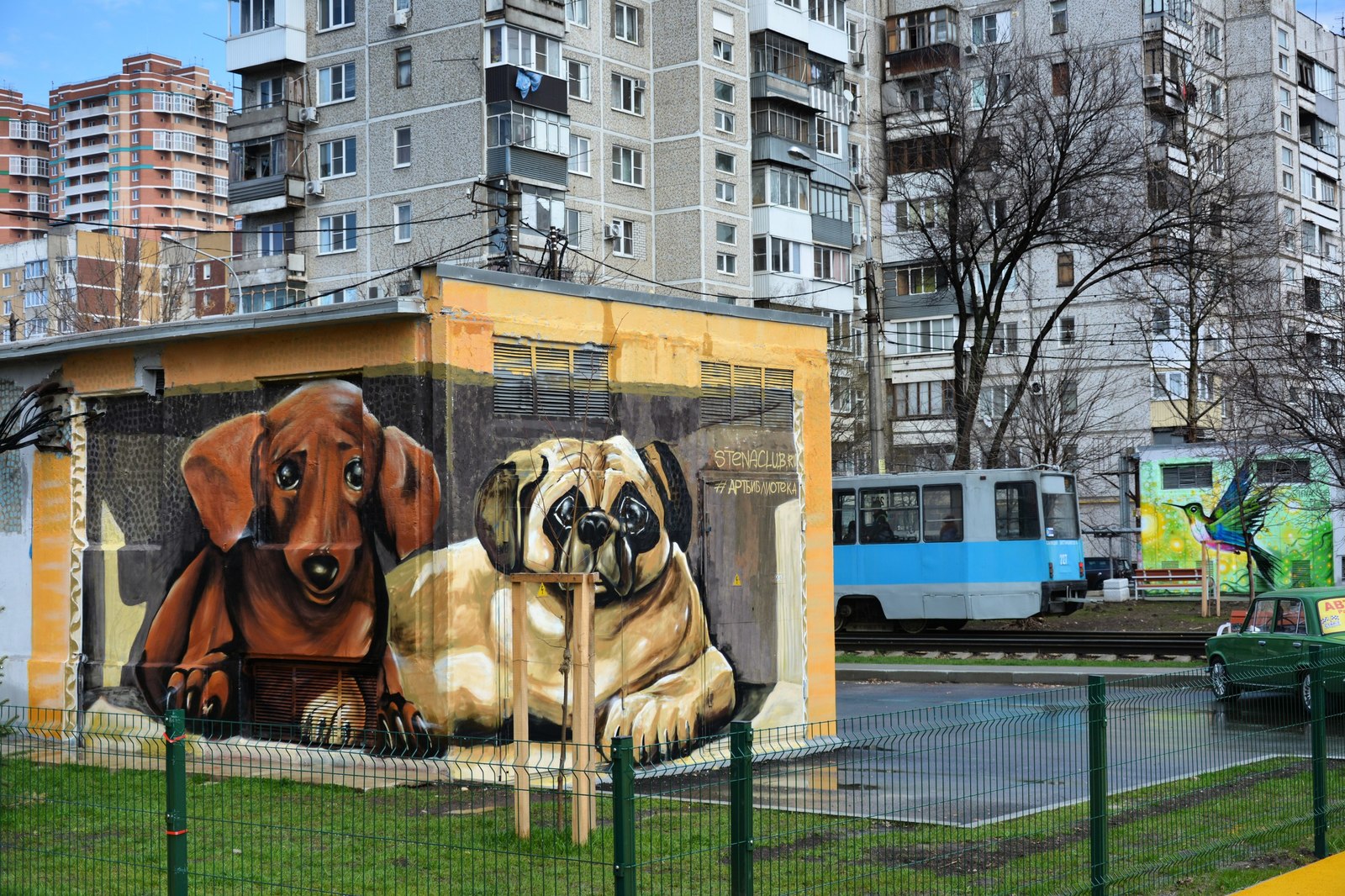 Made a couple of drawings with a friend in the yards of Krasnodar - My, Street art, Krasnodar, Flowers, Birds, Dog, Pug, Dachshund, Longpost