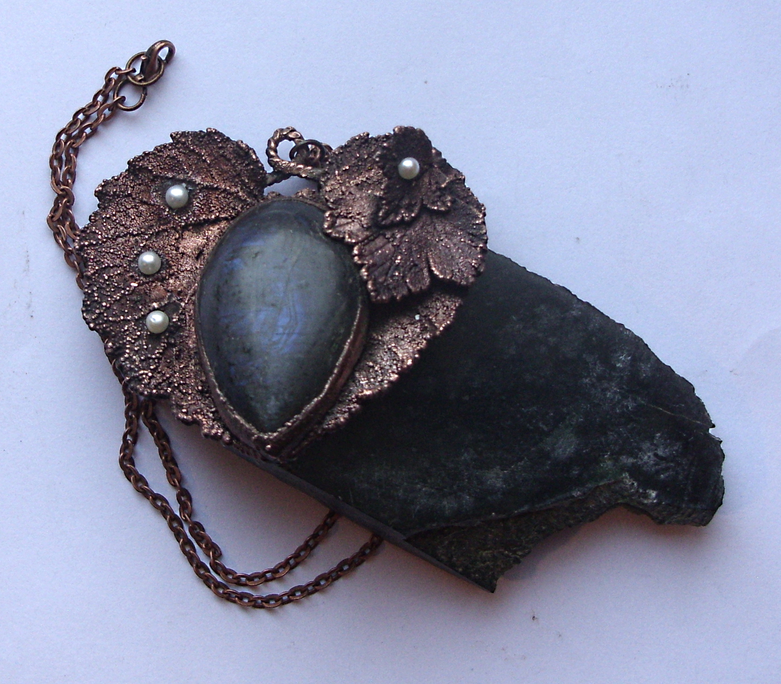 Pendant with labradorite - My, Pendant, Metal pendants, , Electroplating, Galvanoplastics, Galvanostegia, Longpost, Labradorite