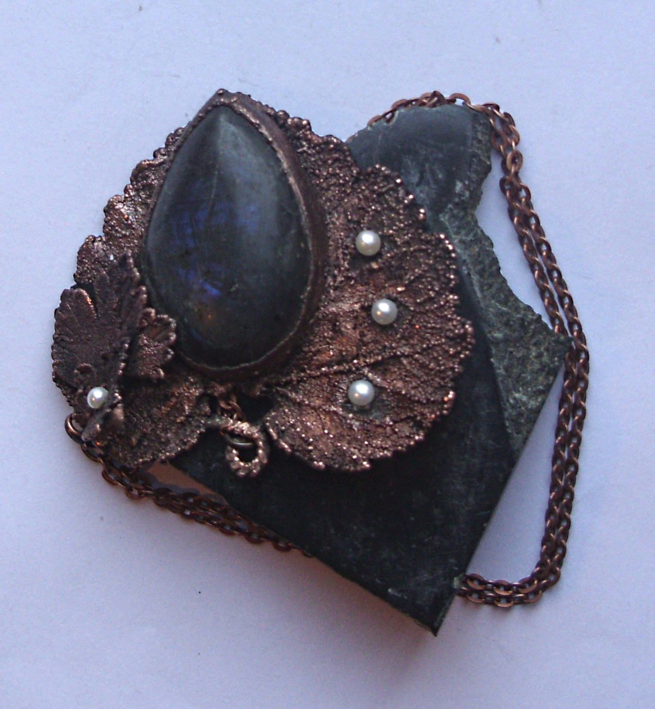 Pendant with labradorite - My, Pendant, Metal pendants, , Electroplating, Galvanoplastics, Galvanostegia, Longpost, Labradorite