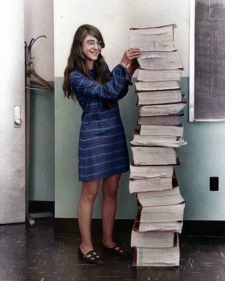 1969 Margaret Hamilton, NASA's Apollo software engineer, stands next to a handwritten program she wrote. Colorization. - The photo, Girls, Story, NASA, Colorization, Old photo