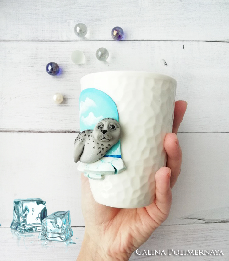 Mug with Seal ^_^ - My, Seal, Mug with decor, Лепка, Polymer clay, Needlework without process, , Longpost