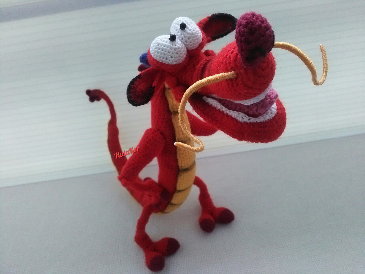 Charming guy dragon Mushu. Height from nose to tail tip 63-65 cm. Wire frame - gives different positions. Lightly tinted - My, Interior toy, The Dragon, Knitted toys, Longpost