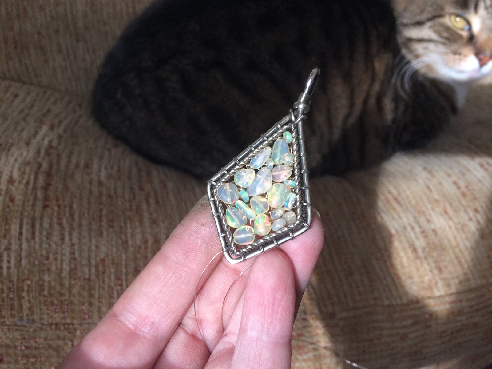 Pendant with opals (work features). - My, Decoration, Needlework with process, Wire wrap, Opal, Pendant, Video, Longpost