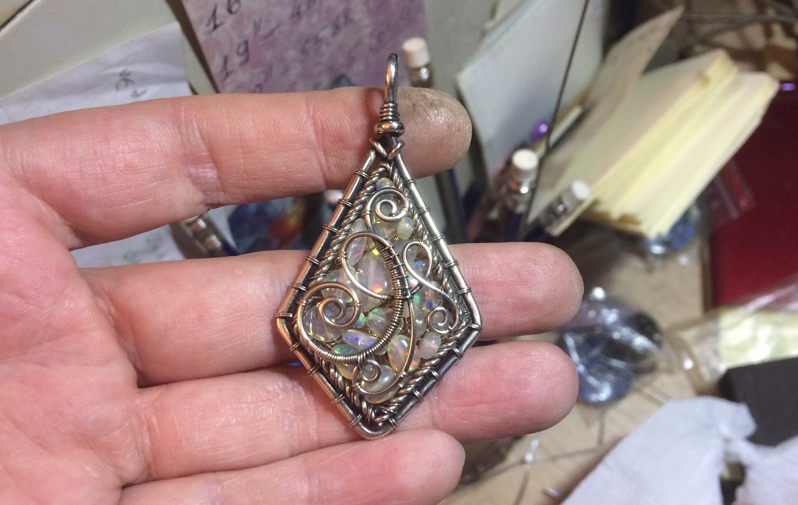 Pendant with opals (work features). - My, Decoration, Needlework with process, Wire wrap, Opal, Pendant, Video, Longpost