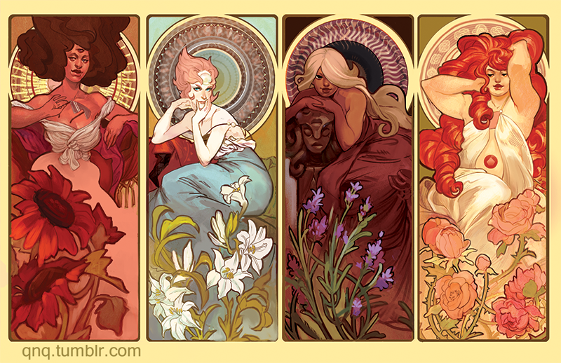 Mucha Universe - Steven universe, Lapis lazuli, Peridot, Jasper, Fusion, Alphonse Mucha