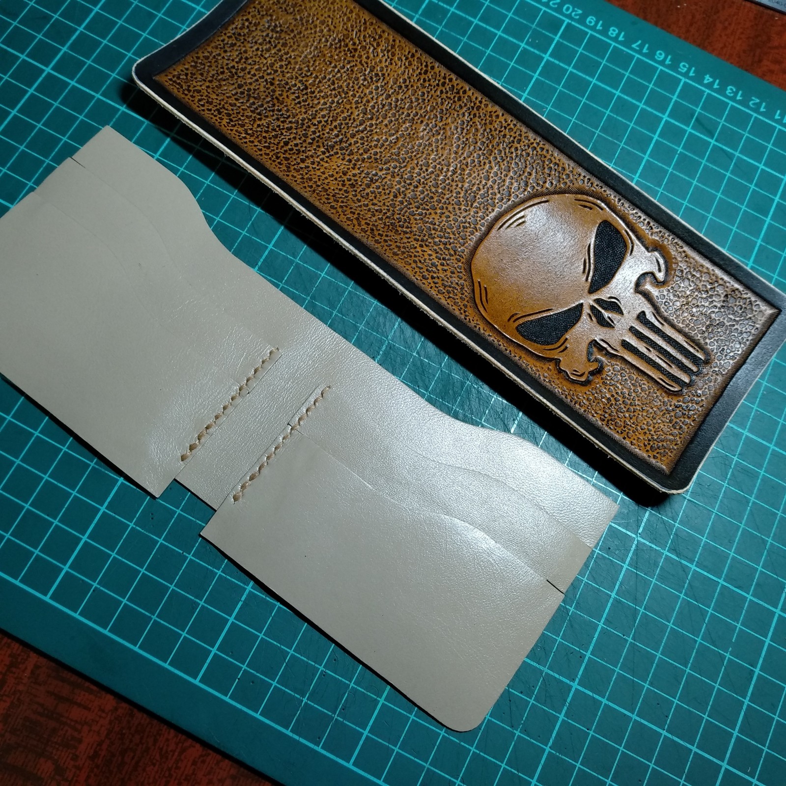 Punisher's wallet - My, Longpost, Leather, Embossing on leather, Handmade