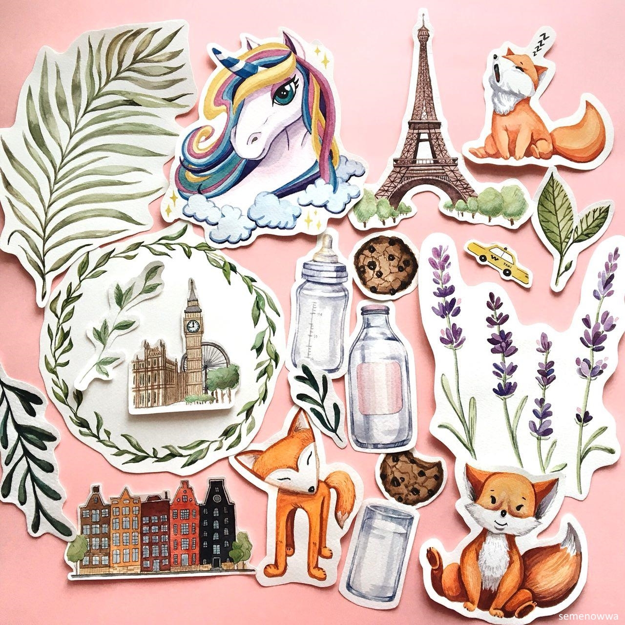 Stickers - My, Watercolor, Stickers, Fox, Flowers, Unicorn, Animals