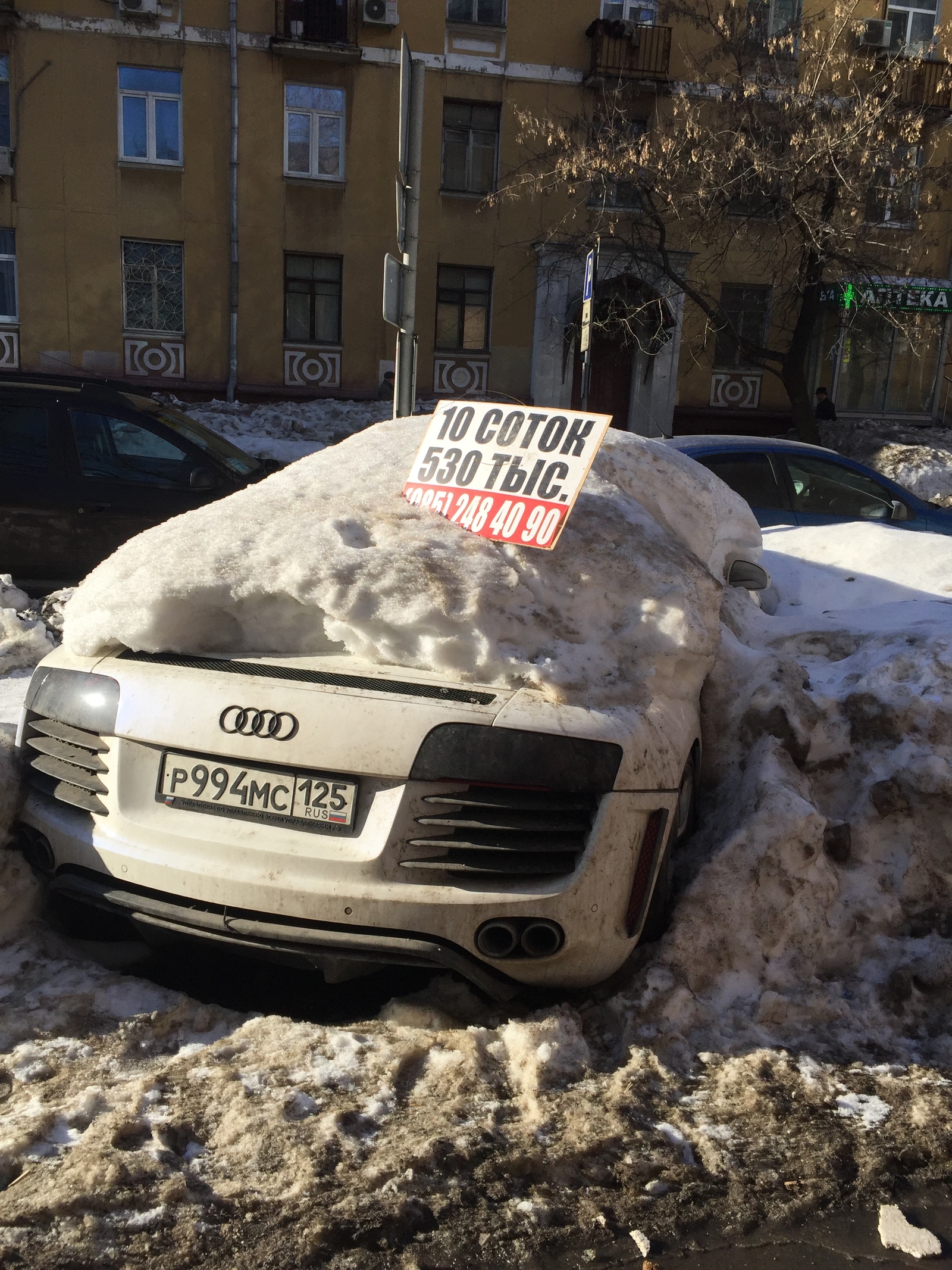 В тему подснежников, стоит на беговой так не первый год! - Моё, Audi, Audi R8, Подснежники, Авто, Снег, Весна, Фотография