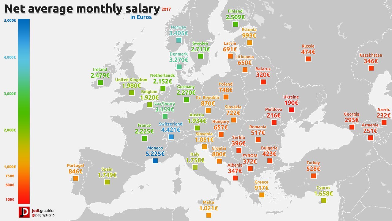 Average monthly salary in European countries after taxes, 2017. - Infographics, Europe, Salary, Statistics