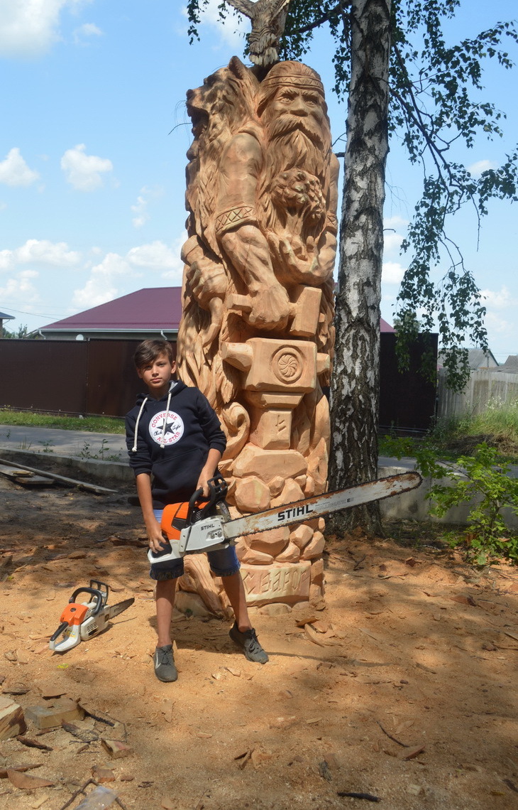 Kid with a chainsaw - My, Alexander Ivchenko, Chainsaw sculpture, Chainsaw, Veles, Perun, Svarog, Wood carving, Longpost, Video