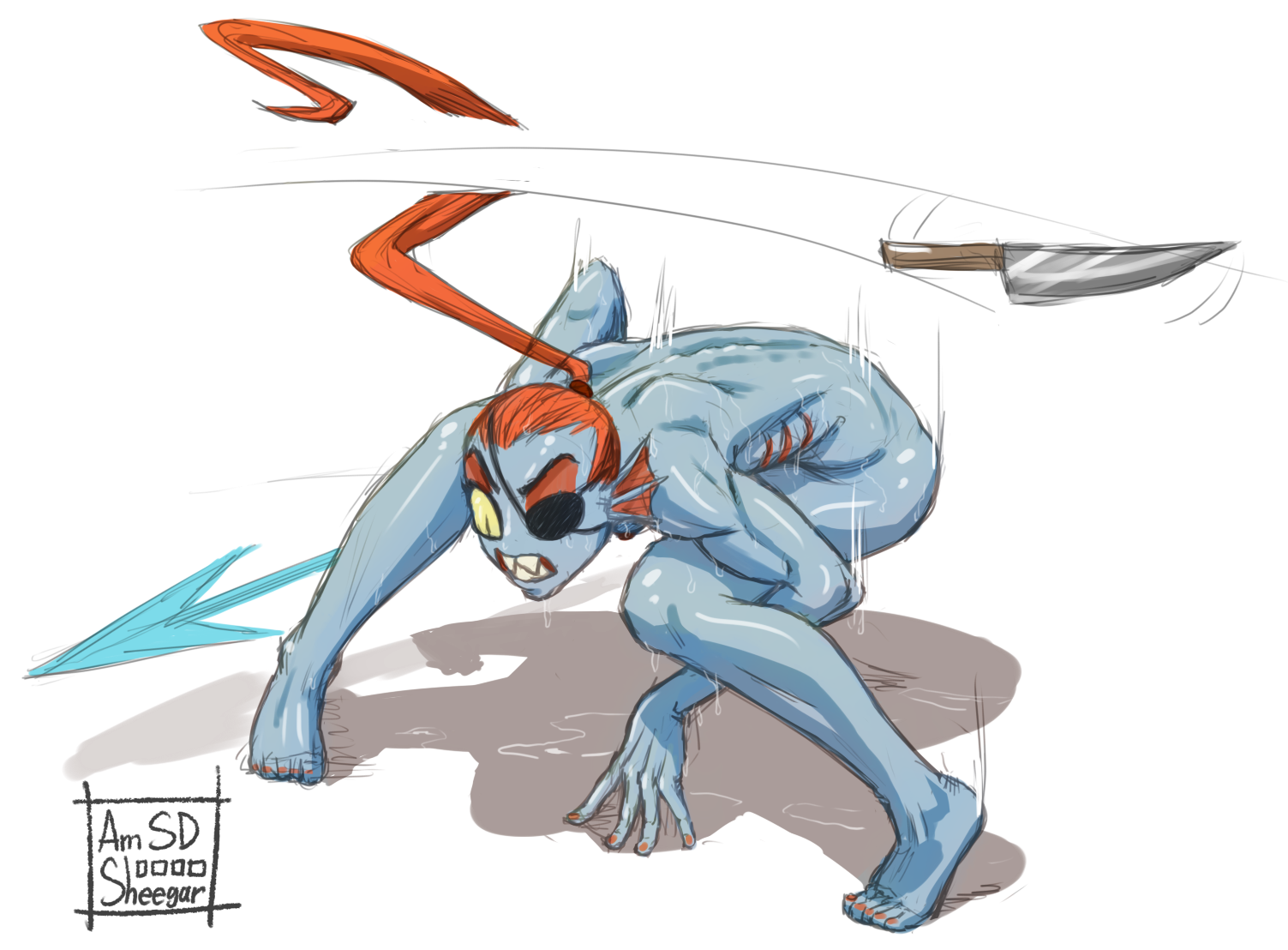 Unexpected attack in the bathroom. - NSFW, My, Undyne, Undertale, Drawing, Fan art