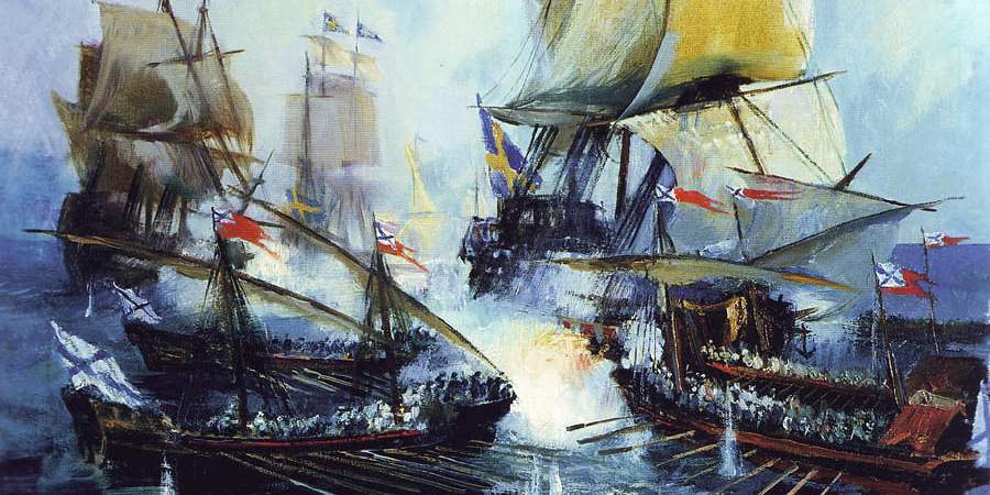 Шведская эскадра. Корабль Петра 1 «Гангут». Гангутское Морское сражение 1714. Гренгам сражение.