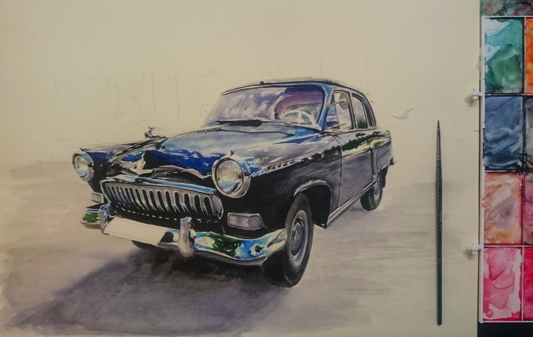 Retro car №3 (watercolor/A3 paper) - My, Auto, Watercolor, Painting, Painting, Retro, Classic, Volga, Nostalgia, Longpost