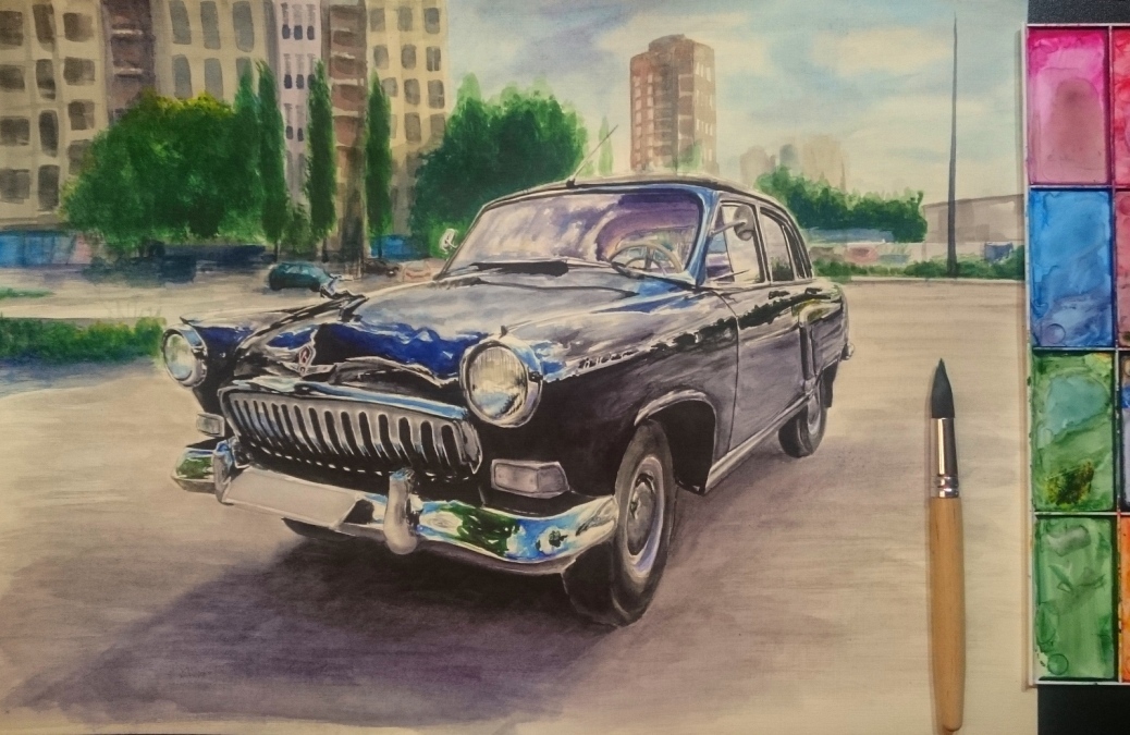 Retro car №3 (watercolor/A3 paper) - My, Auto, Watercolor, Painting, Painting, Retro, Classic, Volga, Nostalgia, Longpost